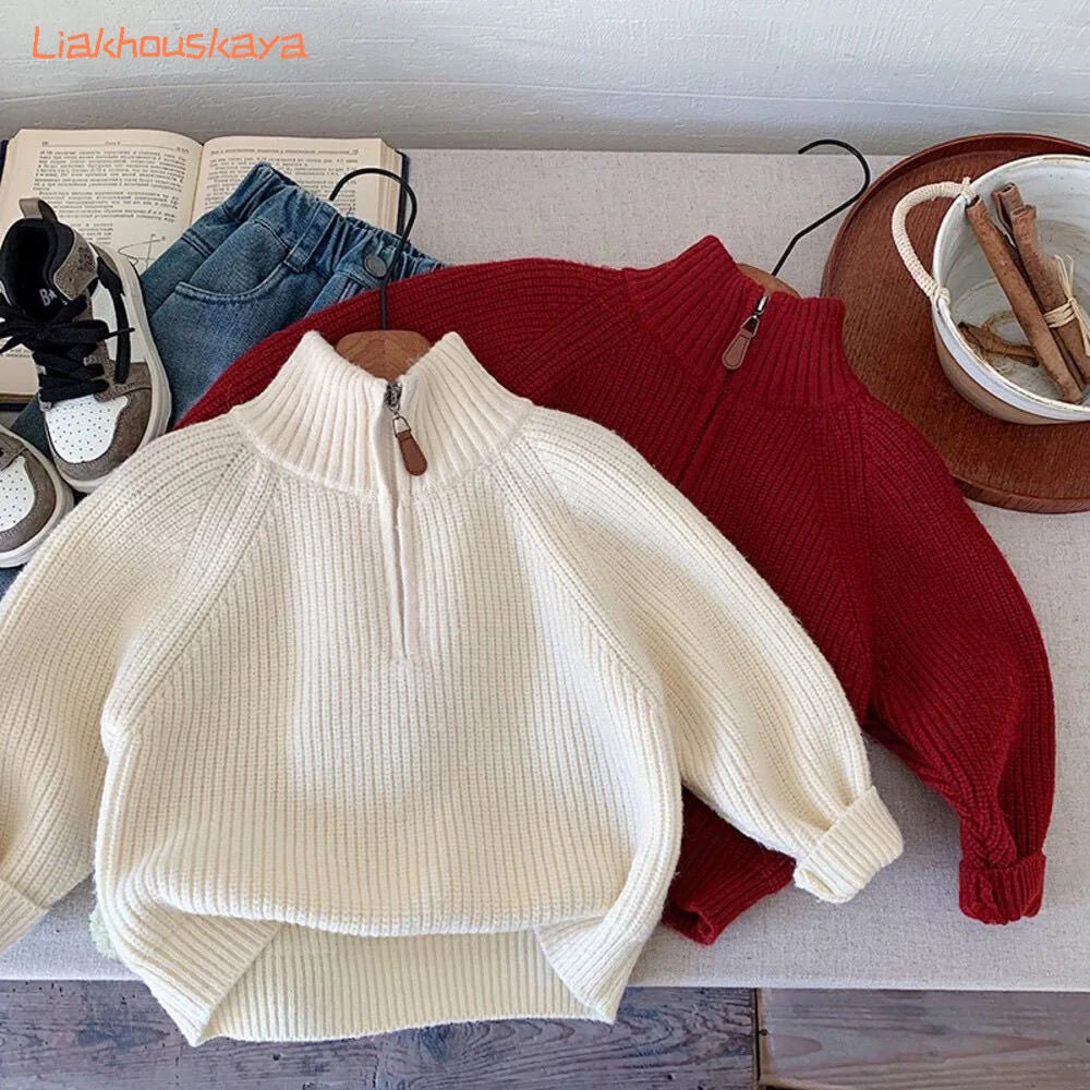 Korean Style Kids Sweater 2026 New Half Turtleneck Zipper Design Loose Knitwear For Boys Girls Autumn Winter Outerwear Warm