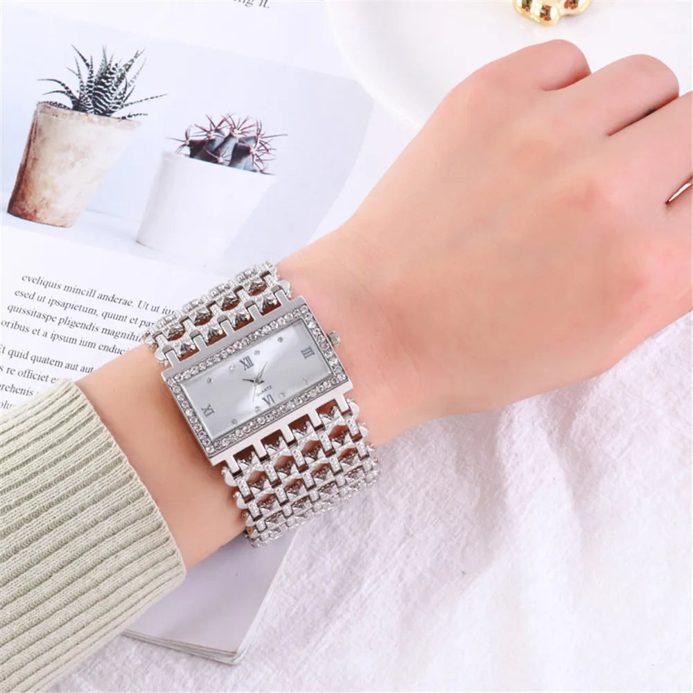 UTHAI Ladies' Watch Square Diamond Set Quartz Watch Fashion Casual Gold Stainless Steel Wristband Women's Watch