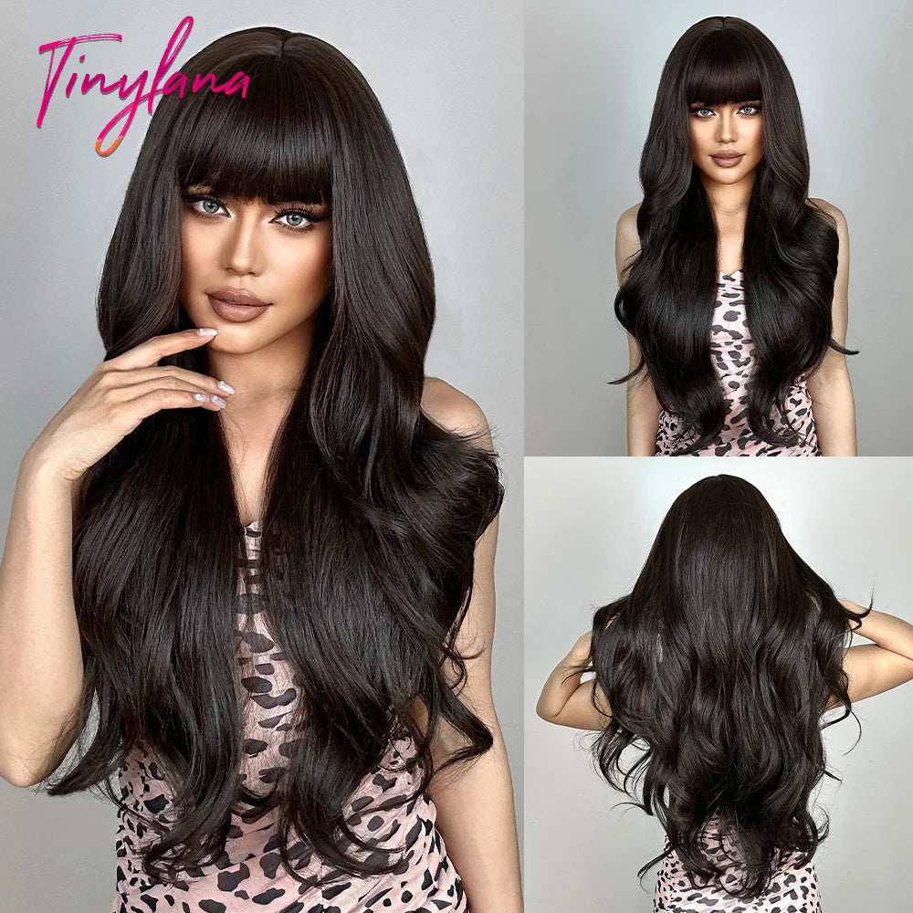 Wine Red Long Wavy Synthetic Wigs with Bangs for Women Colorful Burgundy Red Body Wave Cosplay Wig Halloween Heat Resistant Hair
