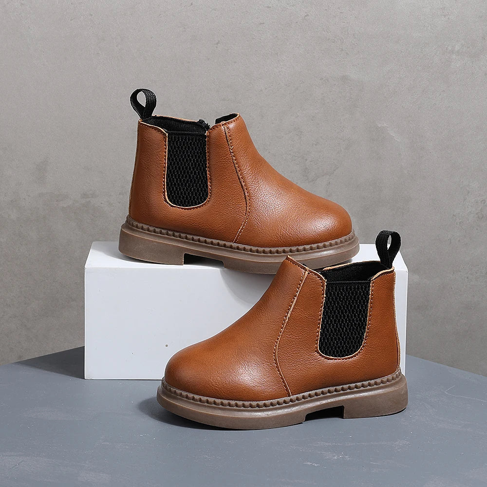 COMFY KIDS Toddler Brown Leather Chelsea Ankle Boots, Soft Cushioned Non-Slip Rubber Sole Boys Girls Zipper Short Boots, Autumn