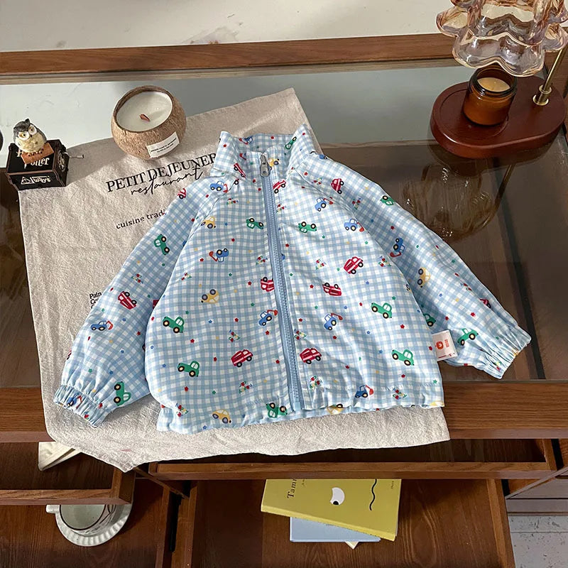 Toddler Boys Jacket Autumn Fashion Versatile Cartoon Printed Plaid Baby Boys Coats Round Neck Long Sleeves Kids Baby Boys Tops