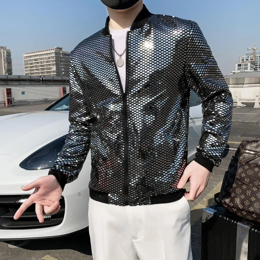 Y2K Mens Jacke Designer Clothes Fashion Cool Sequined Jackets Men Streetwear Night Club Stage Thin Bomber Jacket Techwear Homme