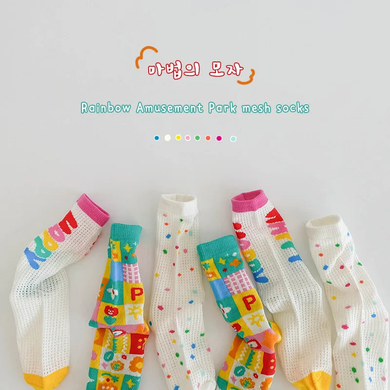 1-12Y Children Socks Summer Socks Kids Boys Girls Rainbow Color Cute Trendy Socks Ventilation 3 Pairs/bag