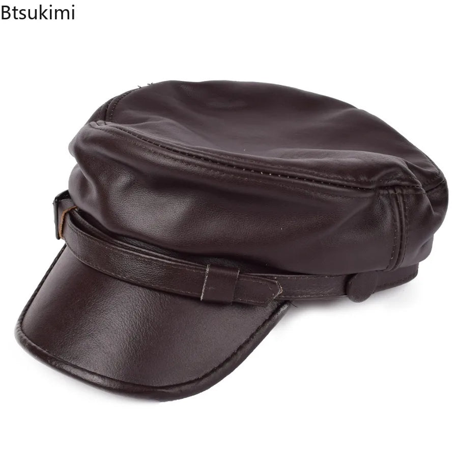 Motorcycle Hat for Women and Men Military Caps Real Leather Studentsr Hats Flat Female Adjustable Autumn Winter Captain Berets
