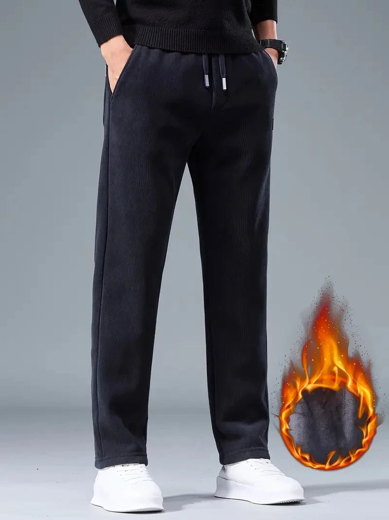 2025 Winter Corduroy Sweatpants Men Drawstring Fleece Lined Thick Warm Wide Leg Straight Casual Pants Male Loose Trousers