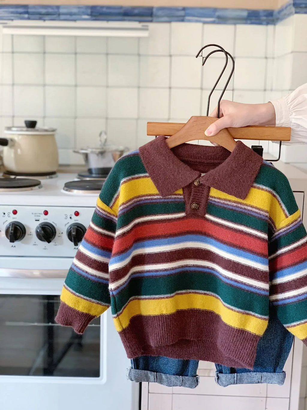 Children's Sweater Autumn Boys' and Girls' Korean Version Collar Striped Knitted Sweater Rainbow Top Trendy Kids Clothes