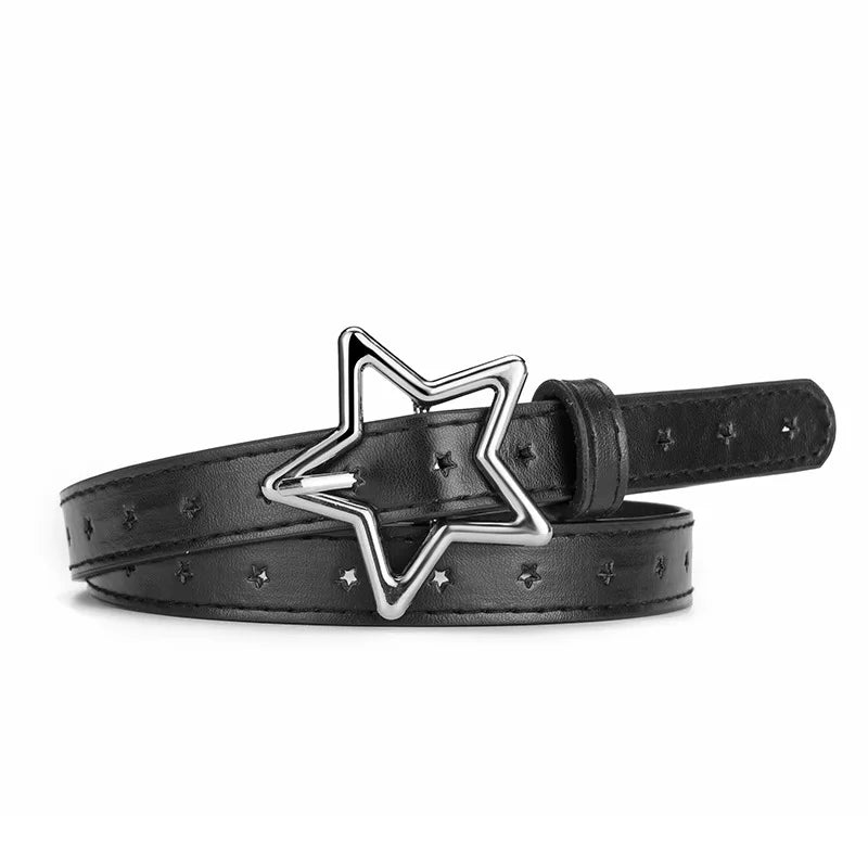 1.8x93cm Children Kids Five-pointed Star Metal Snap PU Leather Belt Girls Boys Silver Buckle Waistband Pants Decor Waist Belt