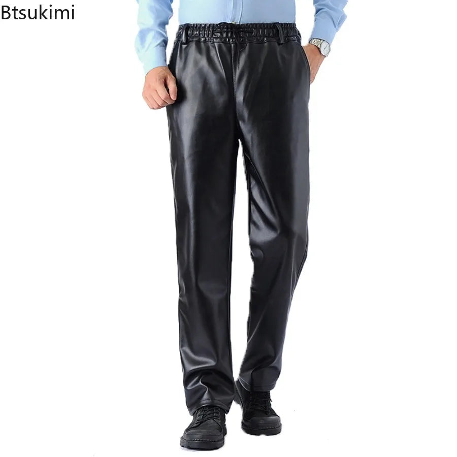 New Men's Loose Casual Leather Pants Fashion Water-poor Motorcycle PU Leather Pants Spring Autumn Simple Versatile Male Trousers
