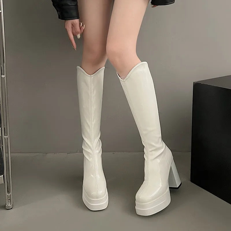 Women's Boots Fashion Comfy Black White Knee-High Boot Soft Leather Chunky Heel Long Boots Elegant Women Retro Boots Botas Mujer