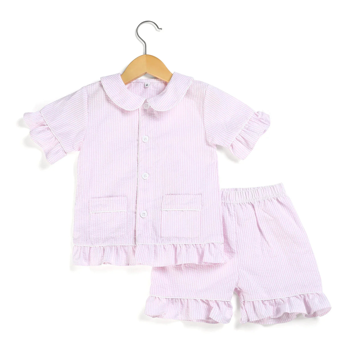 Ruffkids 100% Cotton Summer Kids Pajamas Sleepwear Seersucker Striped Matching Pjs Boys Clothes Loungewear Girls Pyjamas Set