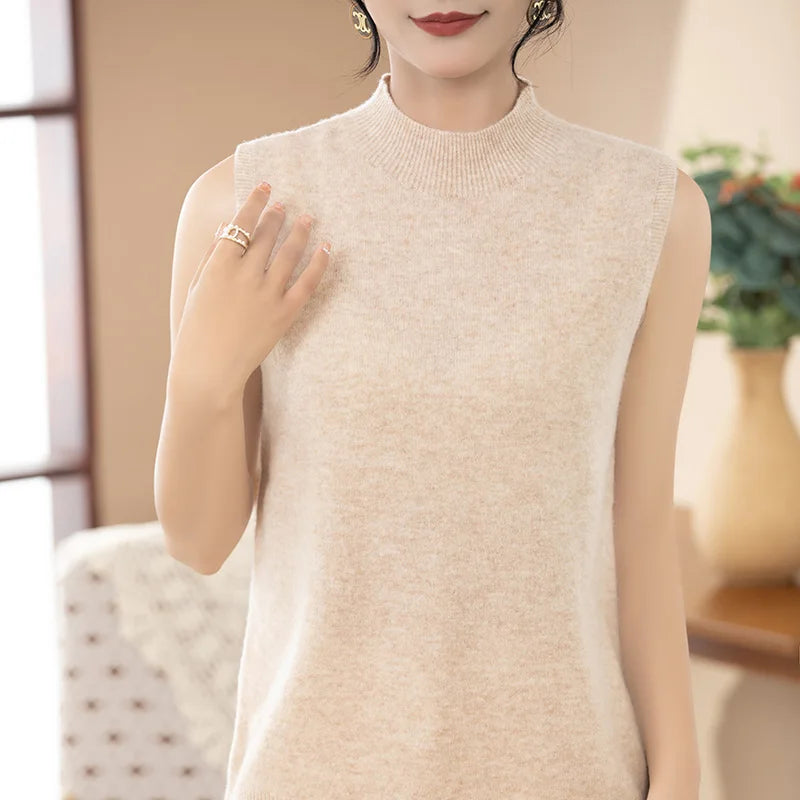 2025 New Spring and Summer 100% Merino Wool Sleeveless Mock Neck Pullover Women's Solid Color Sweater Women's Clothes