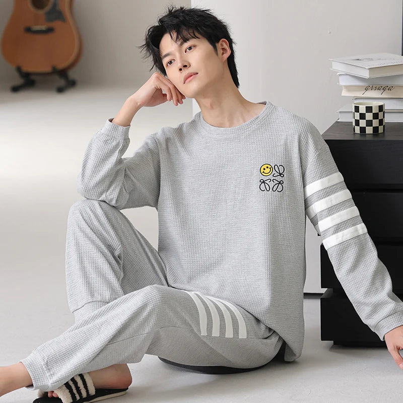 Men Pajamas Set 100% Cotton Casual Sleepwear Male Autumn Long Sleeve Solid Pyjamas