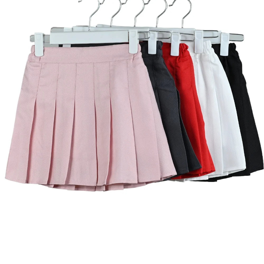 Children Summer Skirts With Shorts Kids A Line High Waist Mini Dress Girls Black White Red Pleated Skirt Student Uniform Skirts