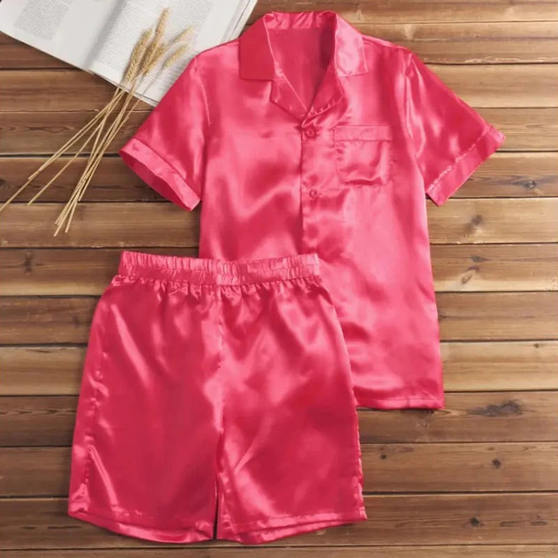 Men's Loose Smooth Skin-friendly Short-sleeved Pajamas Set Solid Color Leisure Home Wear Buttoned Shirts and Shorts 2-piece Suit