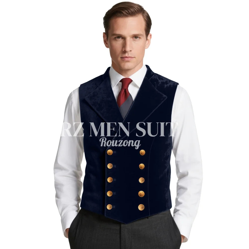 Mens Velvet Suit Vest Retro Lapel Double Breasted Tuxedo Vests Victorian Formal Waistcoat chaleco hombre