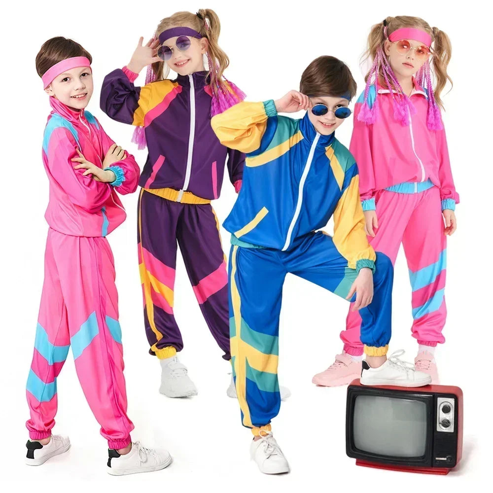 Kids Boys and Girls 80s 90s Sportswear Suit Retro Disco Hip Hop Costume Fashion Patchwork Long Sleeve Zipper Coat Trousers Suit