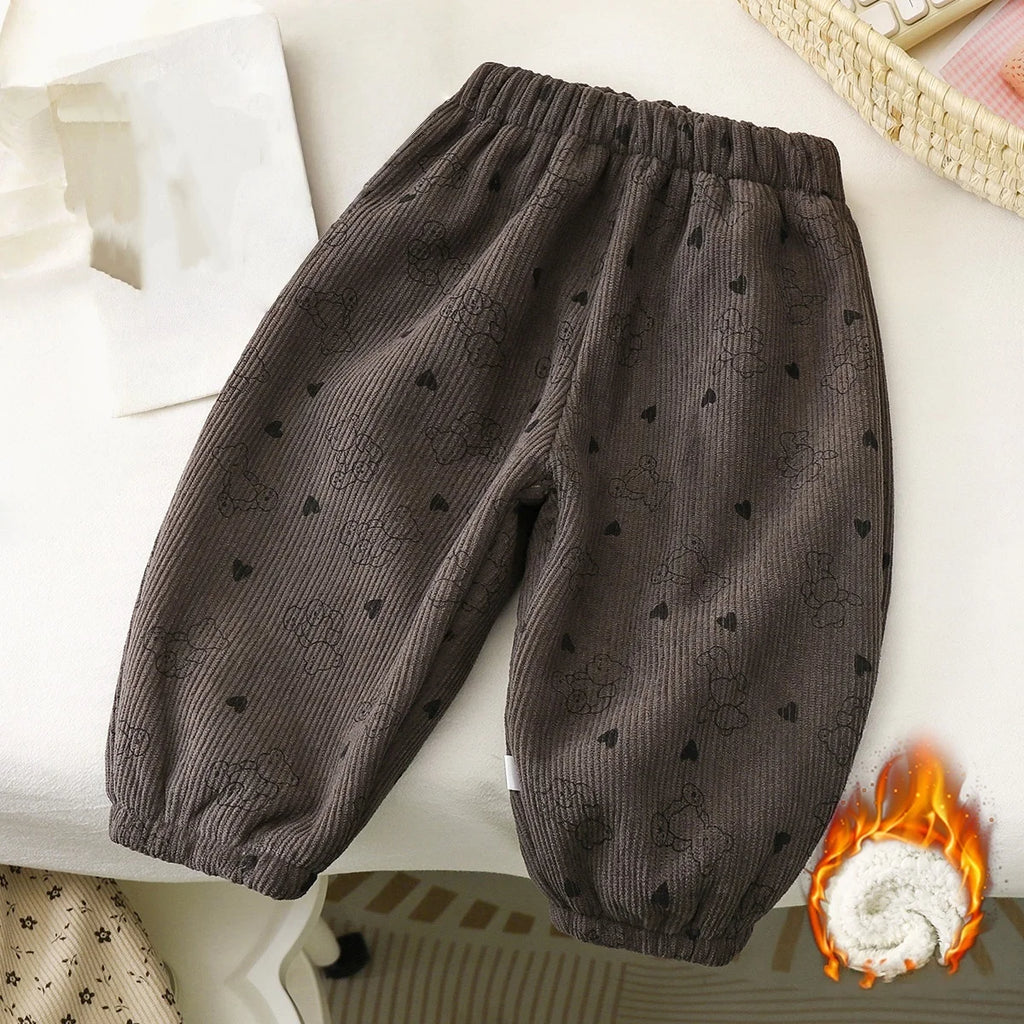 2026 Early Spring Fleece Lined Unisex Kids Pants Printed Toddler Boys Girls Trousers Retro Polka Dot Pattern Children's Clothes