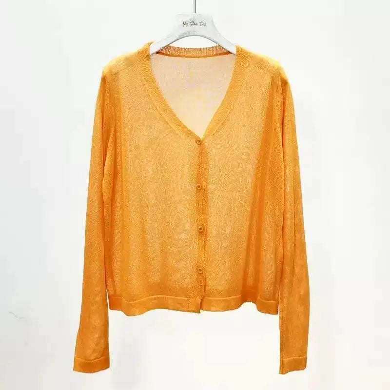 Cardigan Women Korean Long Sleeve Cardigan Summer Cropped Cardigan Knitted V-Neck Thin Ice Silk Sweaters Sunscreen Shirt Tops