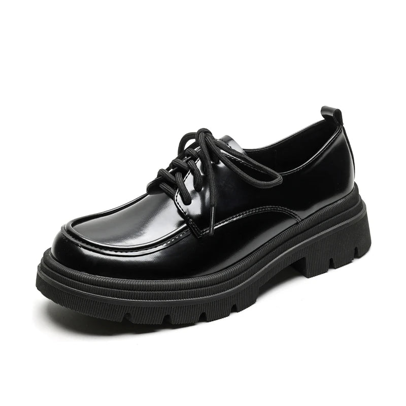 Women Black Lace Up Platform Loafers Retro British Style Leather Shoes Soft Sole Minimalist Casual Daily Footwear