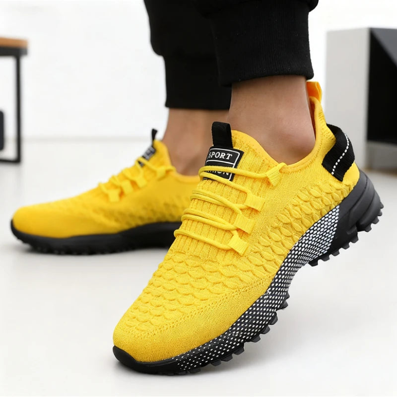 Men's Shoes 2025 Hot Sale Yellow Knit Sport Sneakers Lightweight Mesh Non-Slip Casual Trainers Comfortable Outdoor Running Shoes