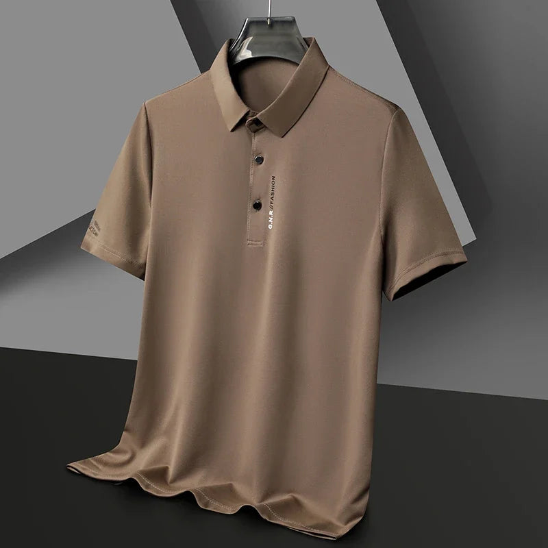 Men's Short Sleeve Solid Color Polo Shirt New Breathable Comfortable Elastic Top for Casual Wear