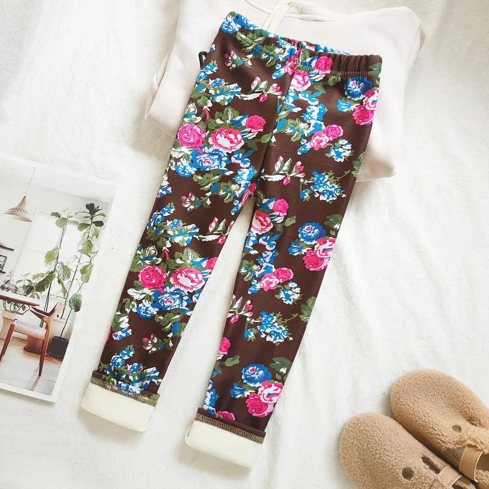 Floral Print Autumn Winter Velvet Warm Kids Pants for Girls Leggings