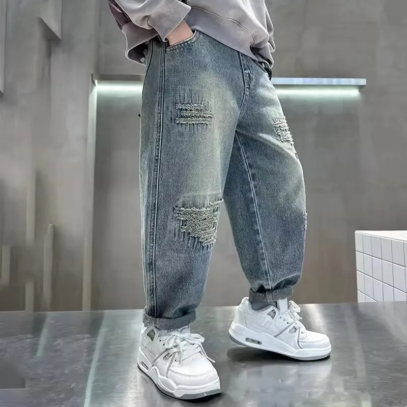 Boys Fashion Jeans Autumn Children Denim Loose Pants Teenager Spring Baggy Trousers New Kids Casual Handsome Clothing 4-12Y