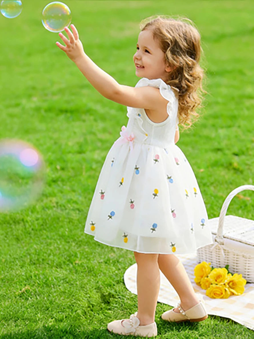 Kids' Forest-Style Flutter Sleeve Tulle Tutu Dress, Girls' Summer Fresh Fruit Print Dress