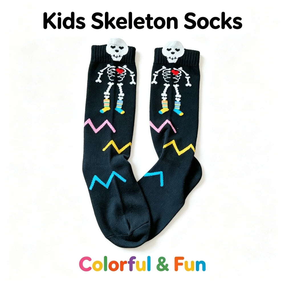 Halloween Socks for Kids Skeleton Skull Print Knee High Socks Black Boys Girls Bones Spooky Gift Ideas Carnival Theme Party