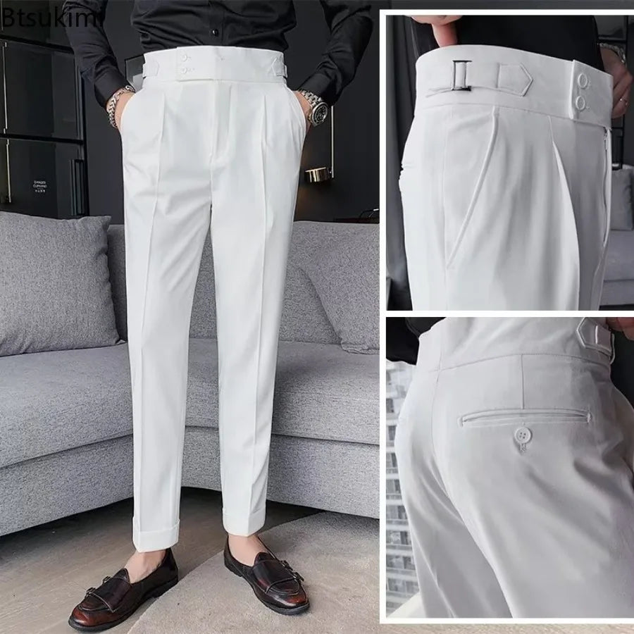 New 2026 Men's Solid Color Suit Trousers Classic Button Single Pleat Slims Pants for Men Silhouette Business Casual Pants Male