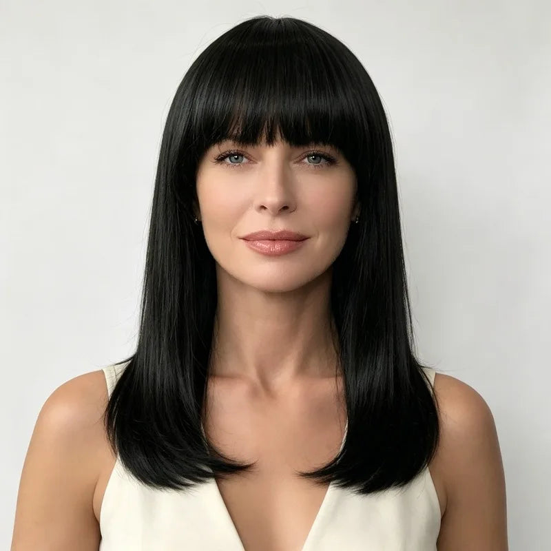 1pcs Women'S Wig With Bangs Medium Length Straight Hair Fashionable Outdoor Travel Simulation Head-Wearing Synthetic Wig