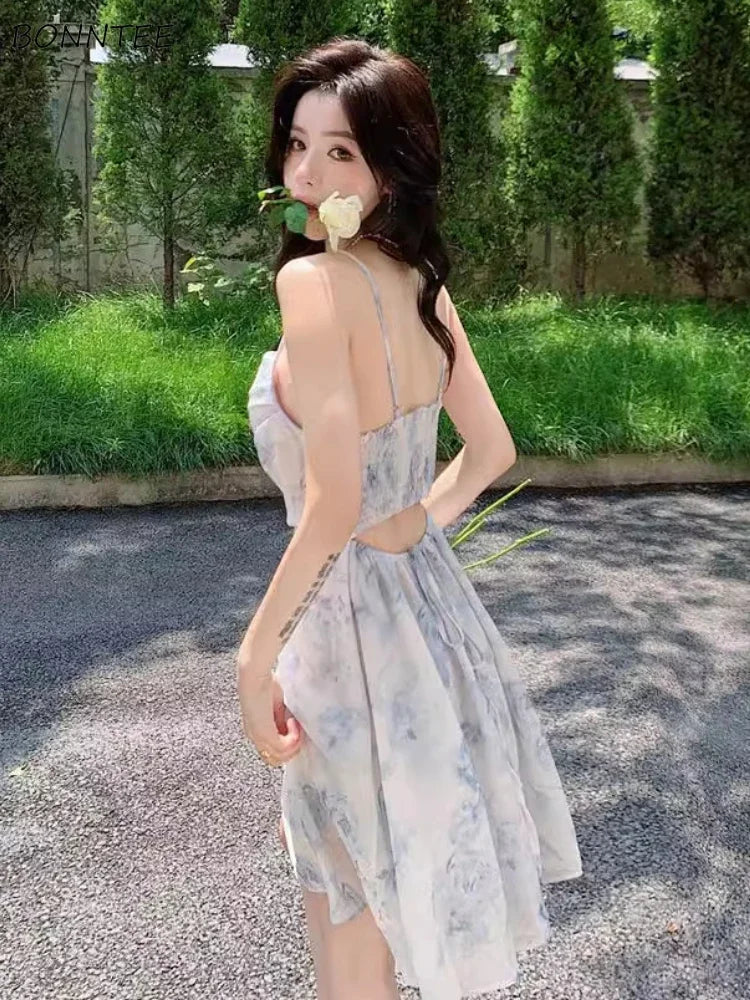 Floral Mini Dress for Women Backless Design Sexy Girls Romantic Sleeveless Vestidos Temper Aesthetic Clothing Vacation Popular