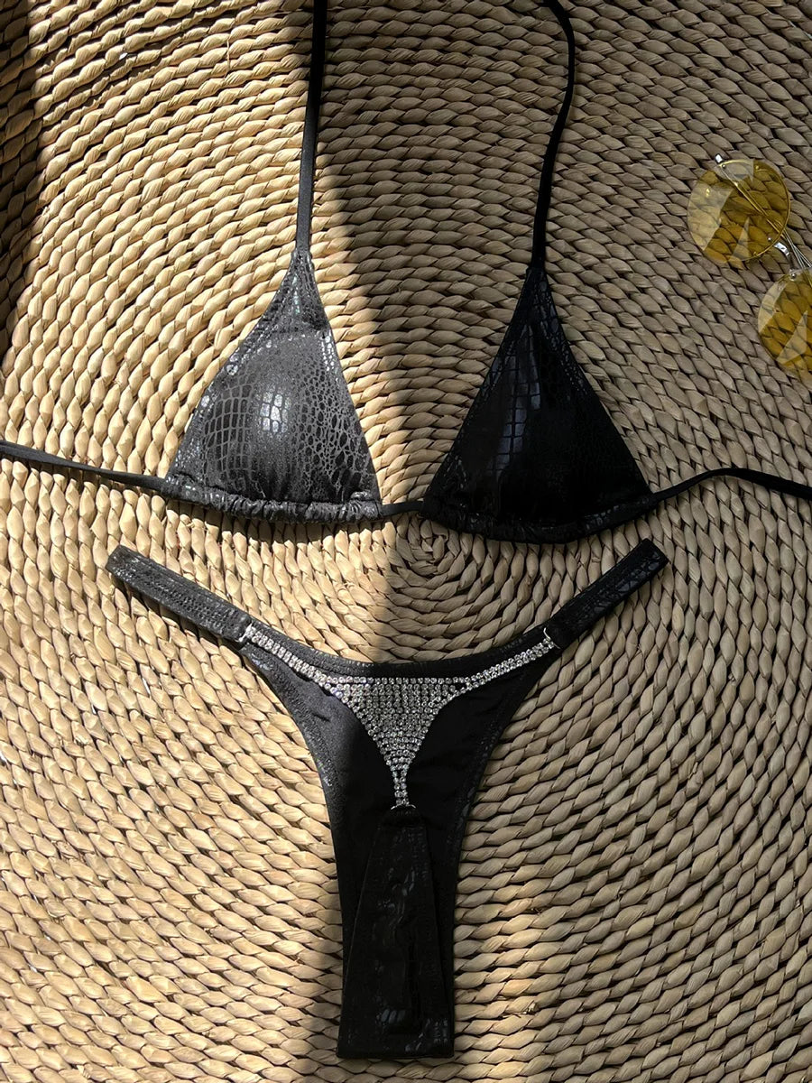 Halter Diamond Rhinestones Mini Thong Bikini Female Swimsuit Women Swimwear Two-pieces Bikini Set PU Leather Bathing Suit Swim