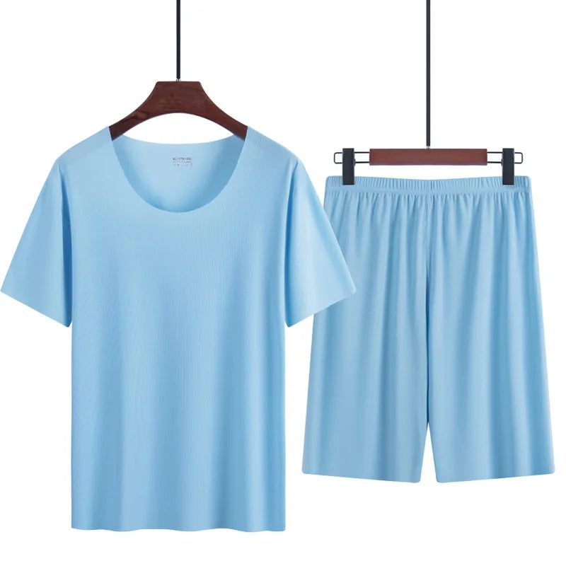 Two-Piece Men's Ice Silk Pajamas Men's Summer Thin Modal Short-Sleeved Pajamas Homewear Men's Large Size Pajamas Homewear Set