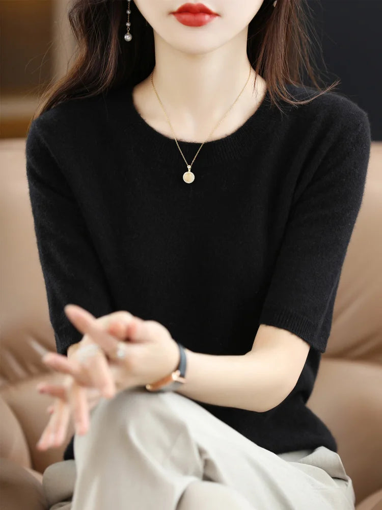 Short Sleeves Women's Sweater O-neck Bottoming Shirts Solid Spring Summer Korean Fashion Sweater Knit Top Casual Basic Pullovers