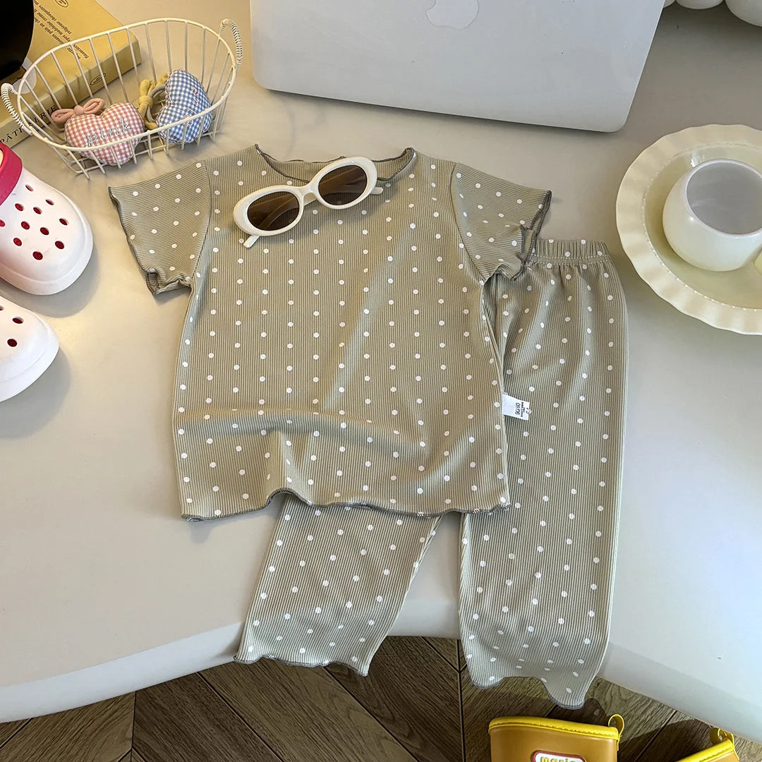 Kids Summer Striped Polka Dot Pajamas Set Baby Girls Short Sleeve Tops+Pants 2PCS  Soft Breathable Loungewear Clothes Set