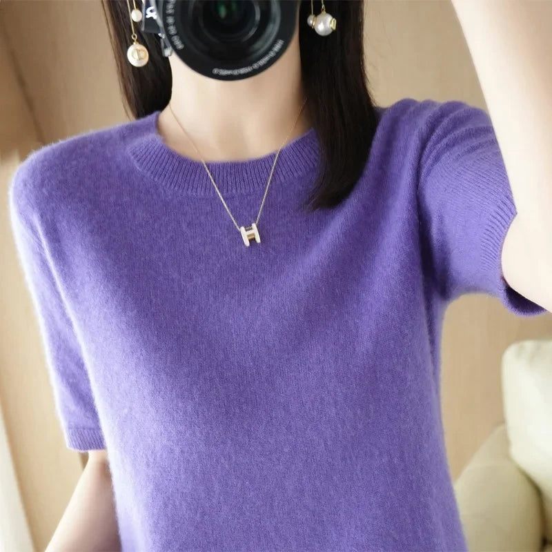2025 Spring Summer Womens Sweater Short Sleeve O-neck Slim Fit Knitted Pullovers Bottoming Casual Knitwear Camel Pink Clothes
