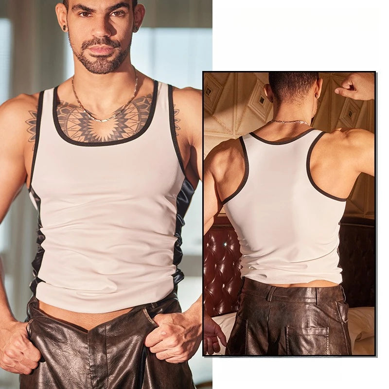 Men's Sports Vest Oil Shiny Glossy Sexy Tights Fitness Muscle Leather Top Underwear Ultra Elastic Oil Glossy Blouse Undershirt