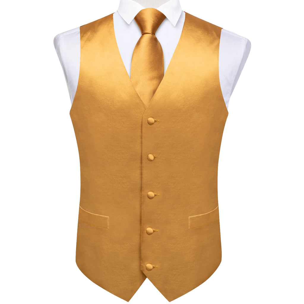 Luxury Paisley Gold Vest for Man Formal Yellow Solid Men's Waistcoat Necktie Pocket Square Wedding Business Chaleco Hombre