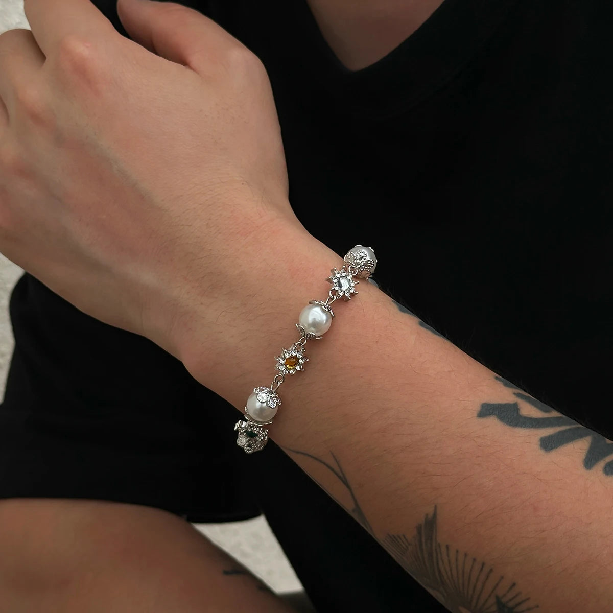 KunJoe Creative Shining Inlaid Rhinestones Imitation Pearl Bracelet for Men Fashion Statement Hand Bracelet Male Street Jewelry