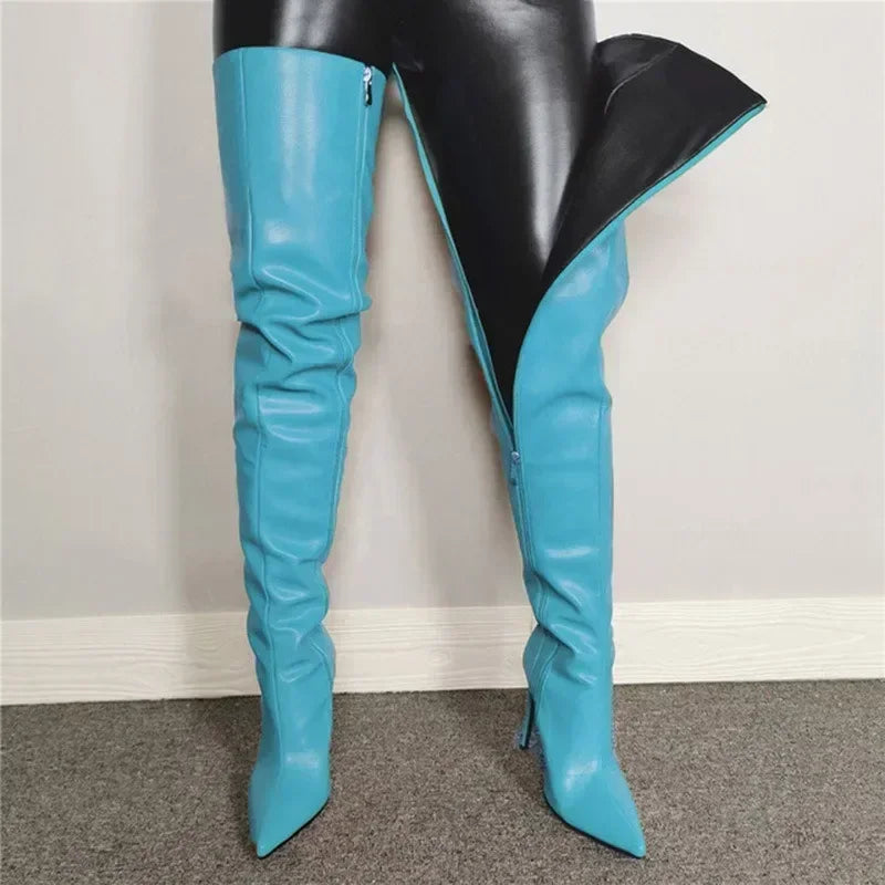 New Women Over The Knee Boots Sexy Pointed Tip Stretch Boots Luxury Stack High Heeled Boots for Woman Designer Shoes Botas Mujer