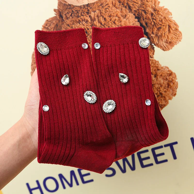 Women's Socks Korean Retro Cool Sweet Rhinestone Simple Versatile Shiny Comfortable High-quality Cotton Socks For Girl Wholesale