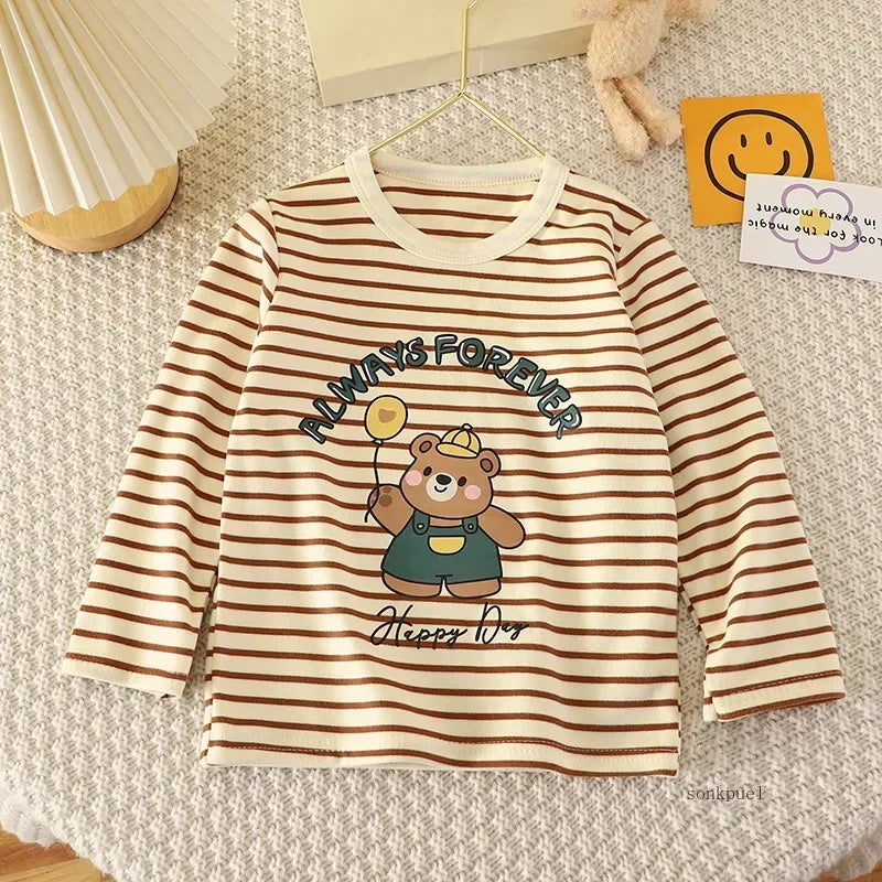 Baby Boys Girls Base Shirts Kids Long-sleeved Warmth Children's Velvet Single Tops Spring Autumn and Winter Clothes