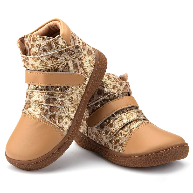 PEKNY BOSA Leopard boots kids shoes for girl ankle shoes soft bottom leather boots wide toes chid barefoot shoes for boy