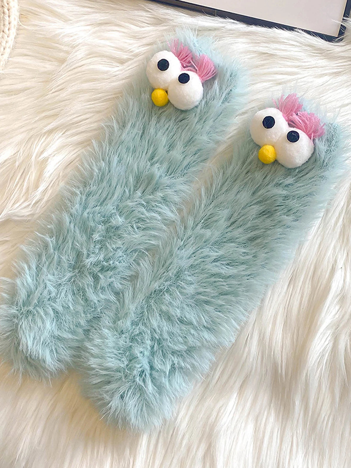 1 Pair of Women's Creative Socks, Festive Socks, Cartoon Socks, Plush Socks, Ankle Socks, Big-Eyed Socks, Cute Socks, Warm Socks