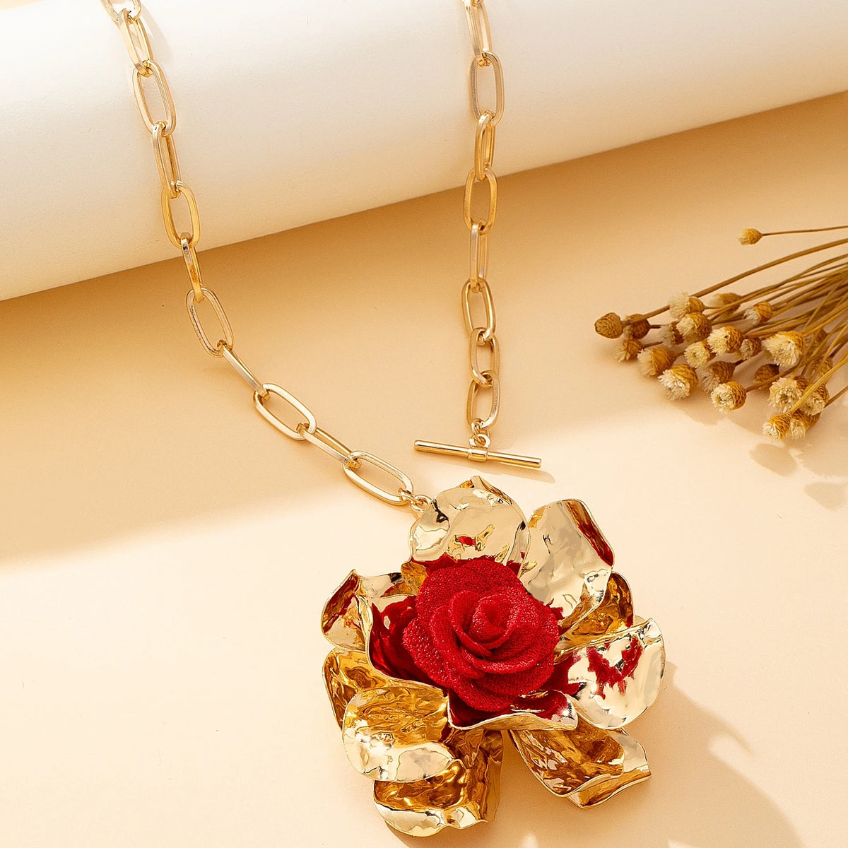 Women's Jewelry Set with Three-Dimensional Floral Fabric and Red Flower Centers, Exaggerated Jewelry Set Suitable for Daily Wear and Vacation