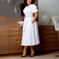 Elegant Office Dress for Women Professional O Neck Short Sleeve Belt Waisted A Line Mid Calf Formal Business Work Dress Midi New