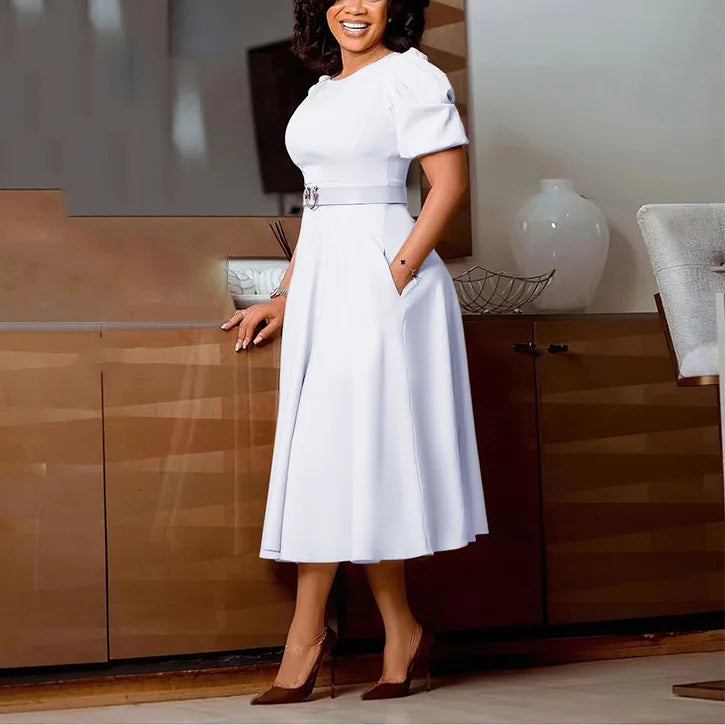 Elegant Office Dress for Women Professional O Neck Short Sleeve Belt Waisted A Line Mid Calf Formal Business Work Dress Midi New