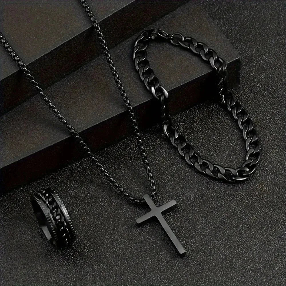 Hip Hop Men's Metal Cross Pendant Chain Necklace Bracelet Ring Jewelry Set