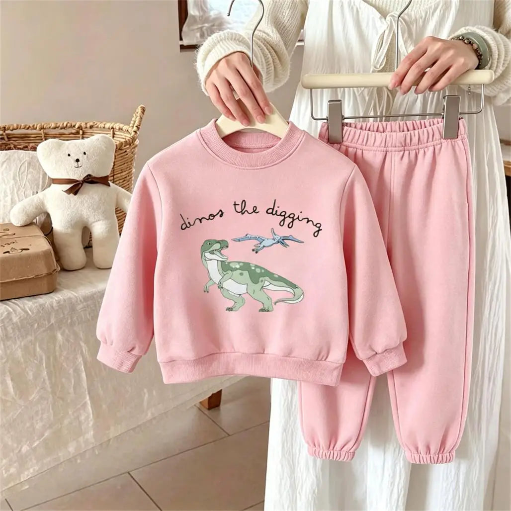 Kids Cartoon Hoodies+Pants Two Piece Set Spring Autumn Clothing Round Neck Tops Dinosaur Print Sweatshirts Loose Sweatpants